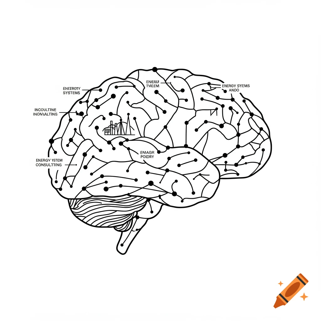 Line art diagram of a stylized brain with nodes and labels for energy systems and consulting.