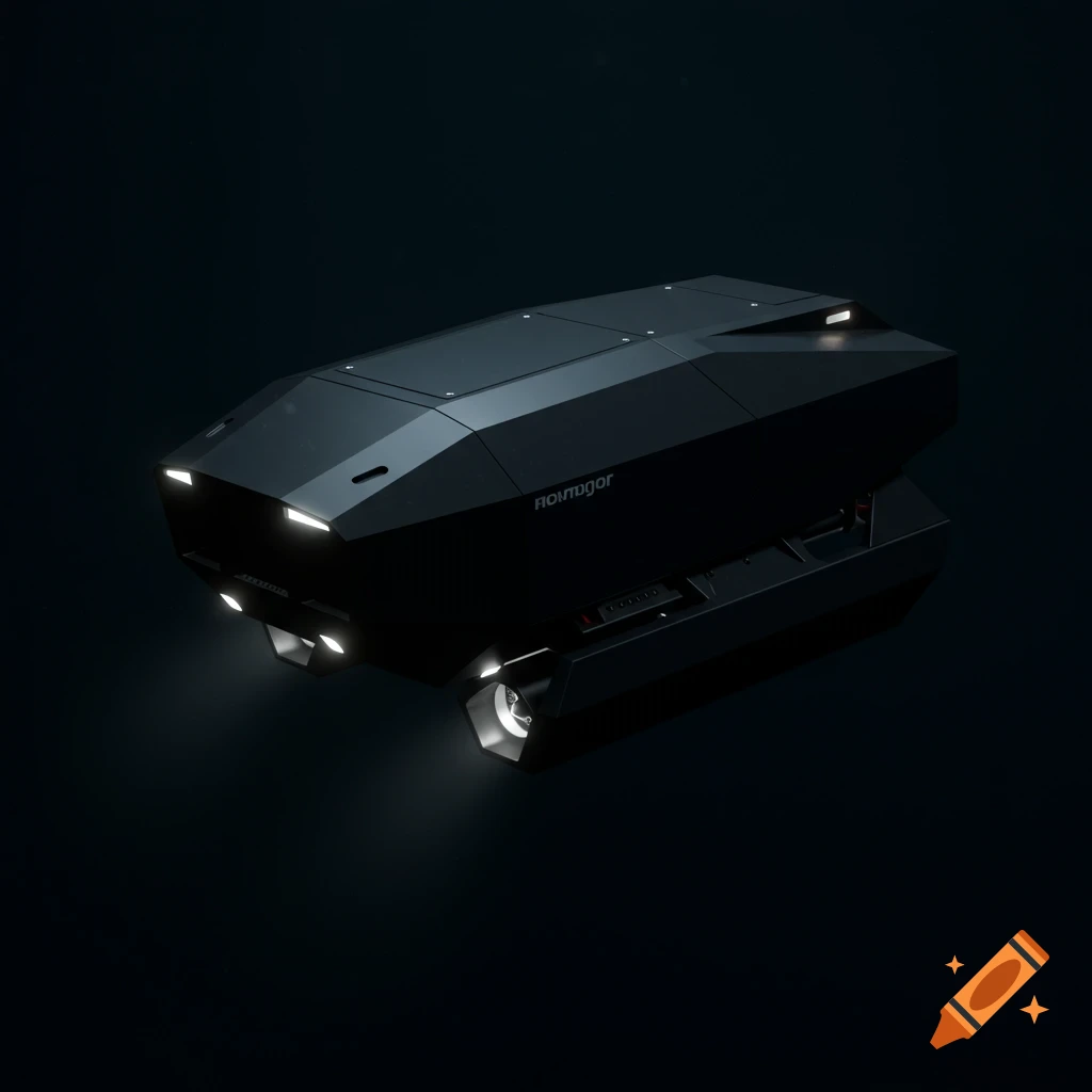 A black angular futuristic submersible with lights in the dark.