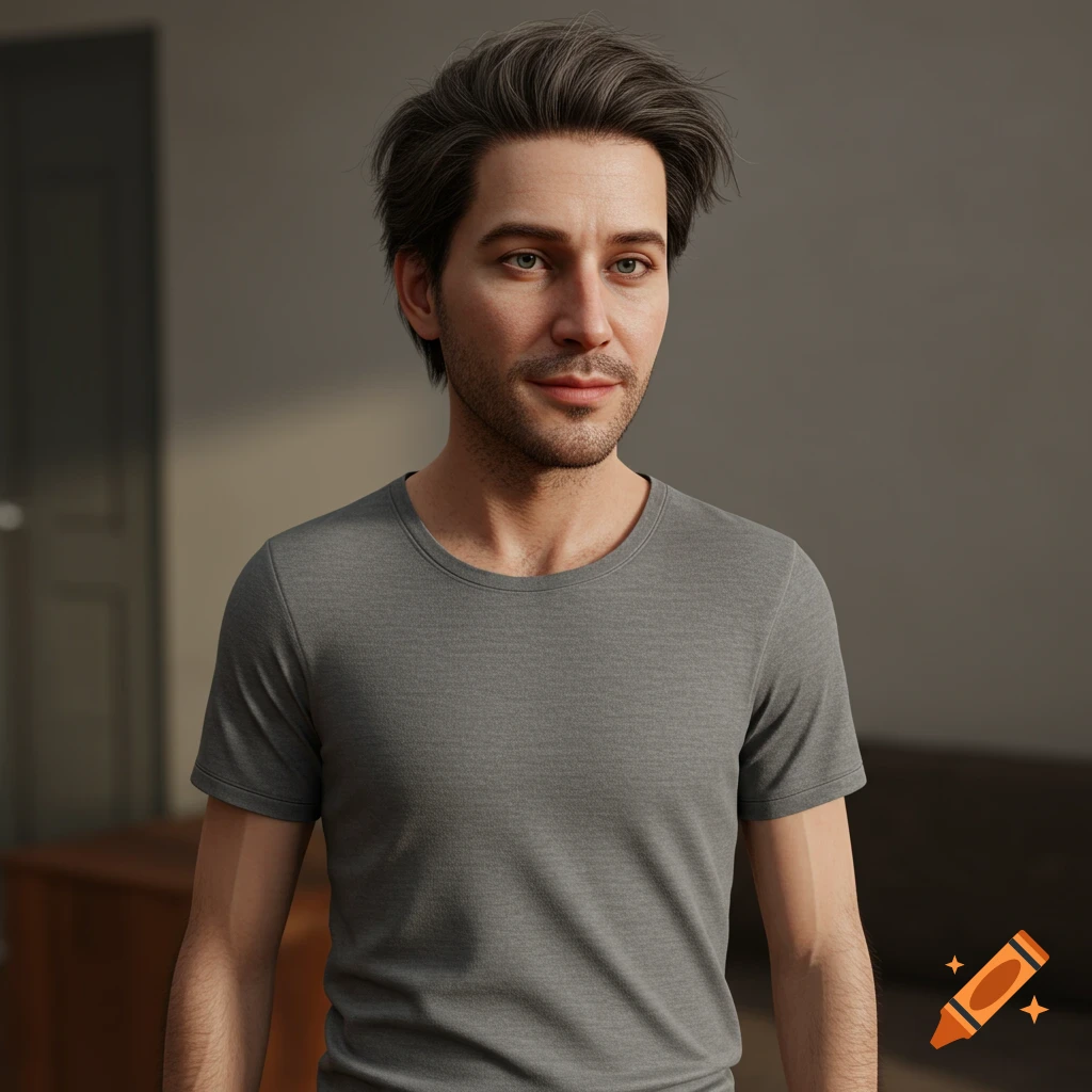Photorealistic portrait of a man with short dark hair wearing a grey t-shirt.