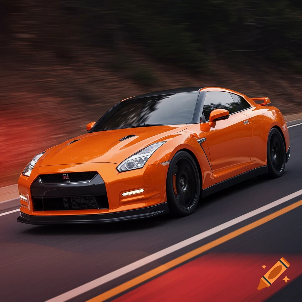An orange Nissan GT-R speeds down a road with motion blur.