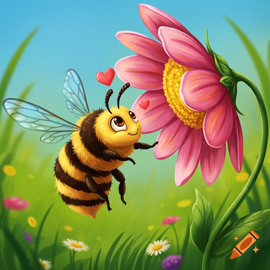 A cute bee with hearts flying towards a pink flower in a field.
