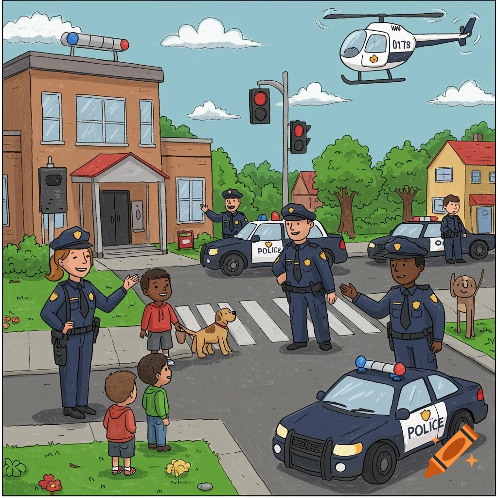 Cartoon drawing of diverse police officers interacting with children near a police station and cars, with a helicopter overhead.