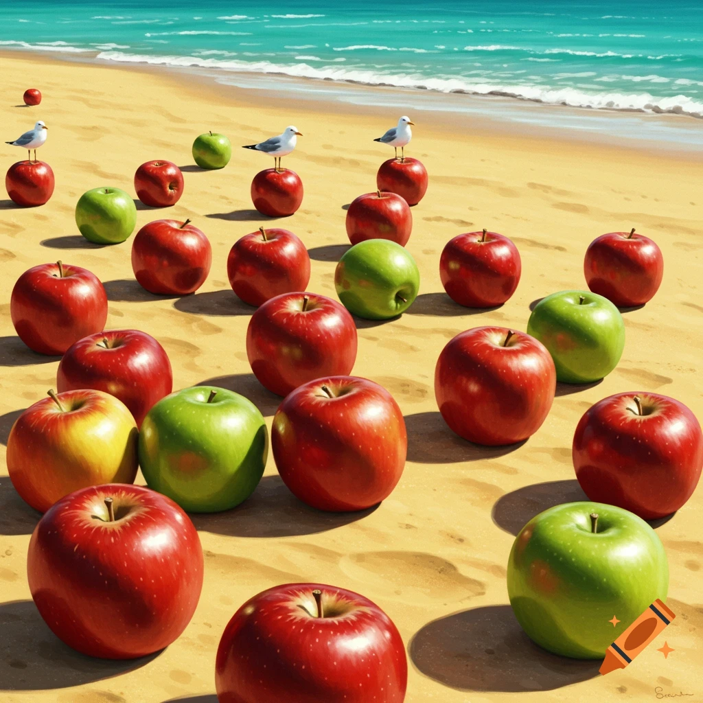 A beach scene with many red and green apples scattered on the sand, some with seagulls perched on them.