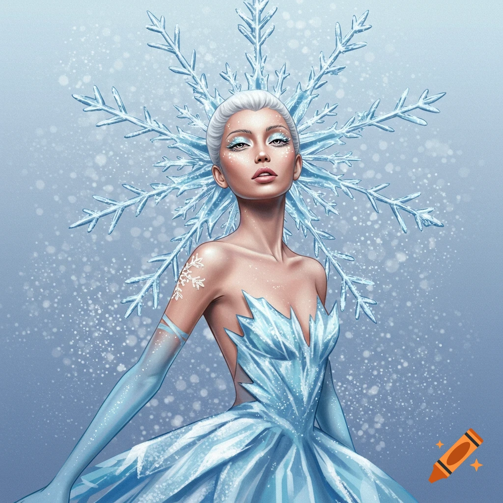 A woman in a high fashion ice dress and snowflake headpiece, set against a snowy background. on Craiyon A woman in a high fashion ice dress and snowflake headpiece, set against a snowy background. on Craiyon