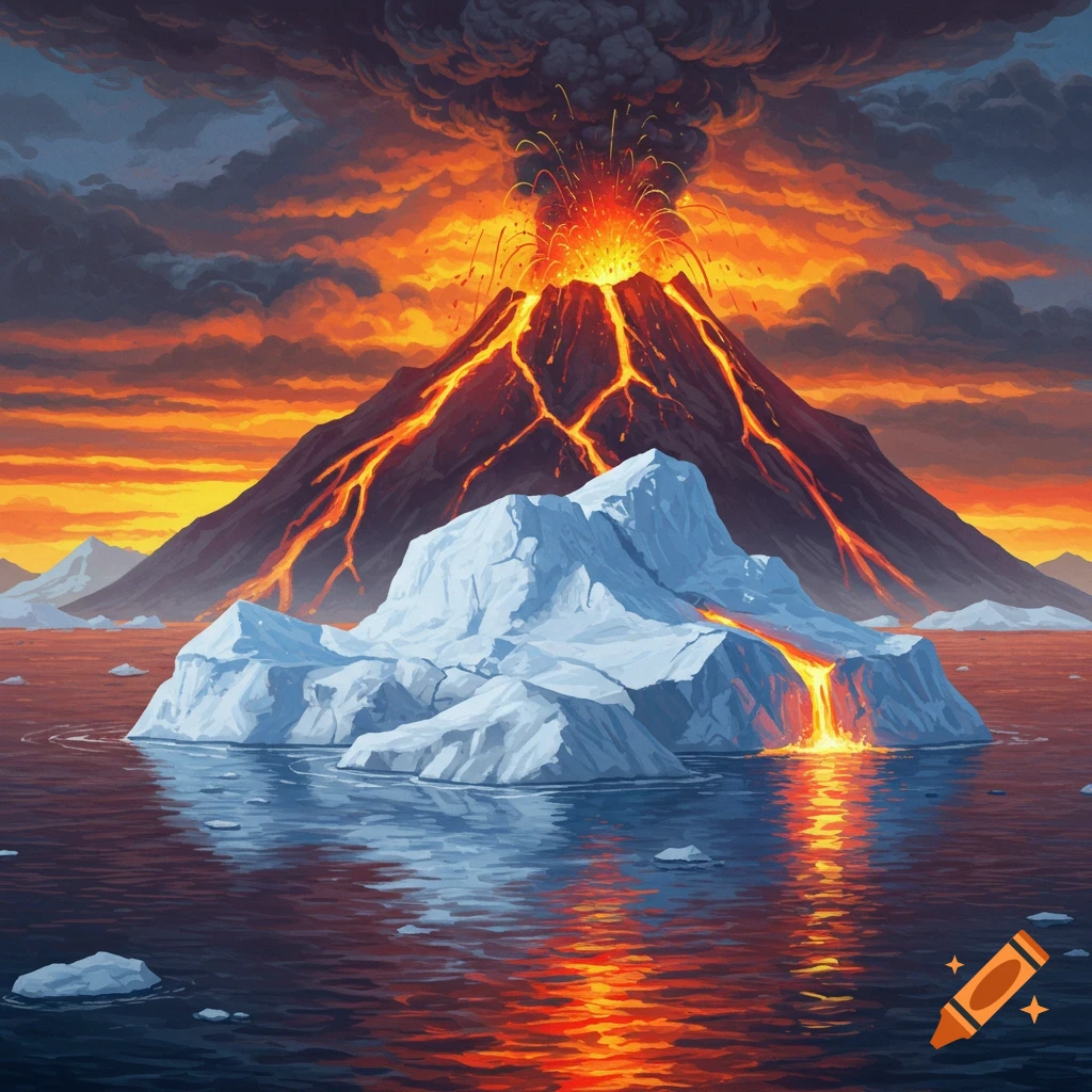 A volcano erupts lava next to an iceberg in the ocean under a dramatic sky.