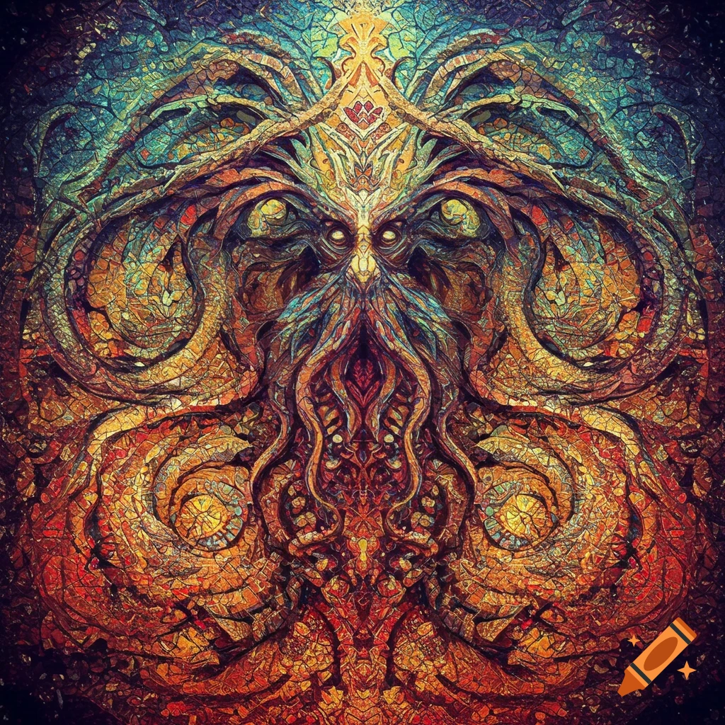 Abstract mosaic of a symmetrical cosmic entity or face with tentacles.