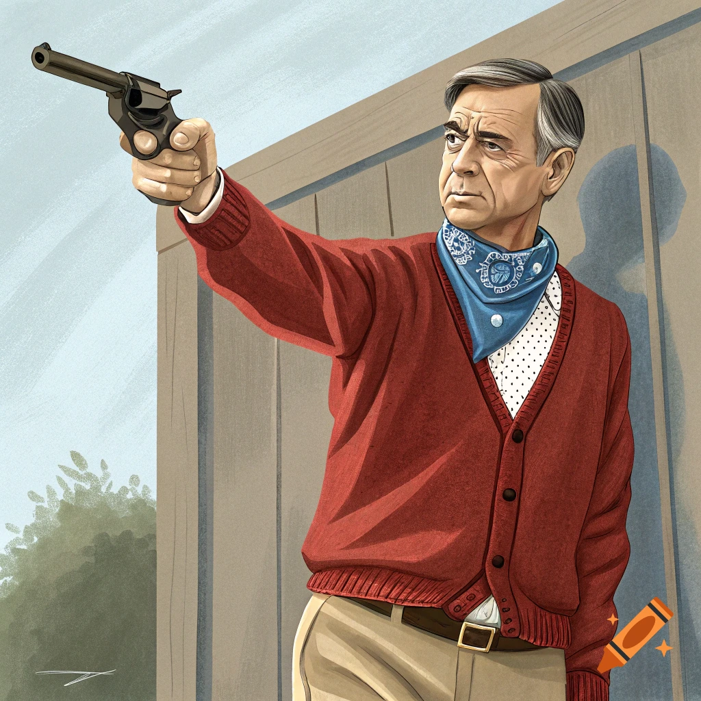 Illustration of Mr. Rogers in a red cardigan and blue bandana aiming a revolver.