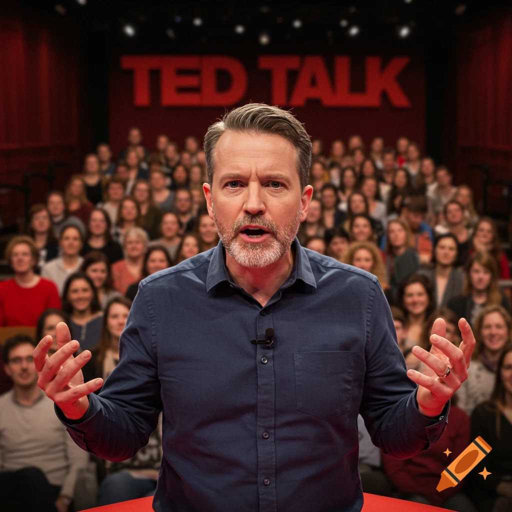 A man gestures while giving a talk on a stage in front of a large audience, with a TED Talk sign visible.