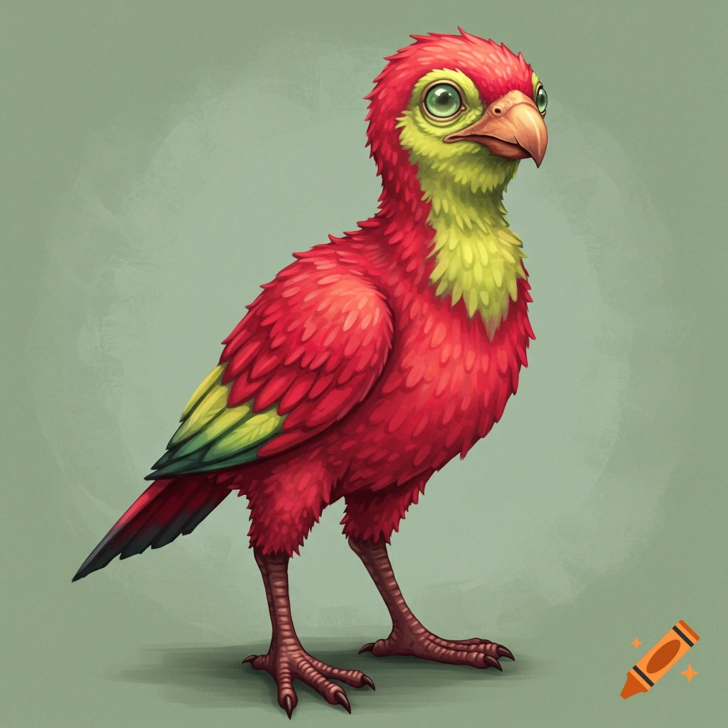 A red and yellow creature with large green eyes, standing.