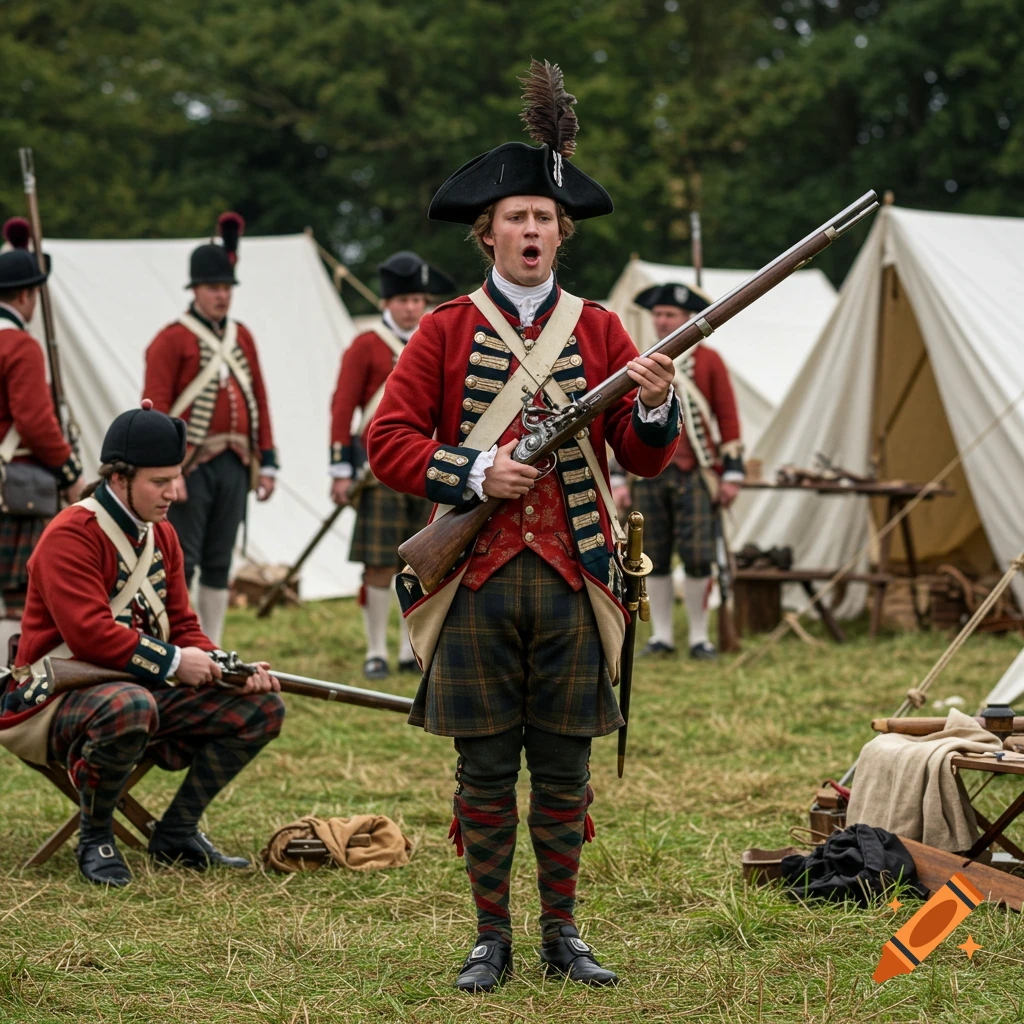 Soldiers in 1770s British uniforms stand and kneel in a training camp. One soldier sings while loading a musket.