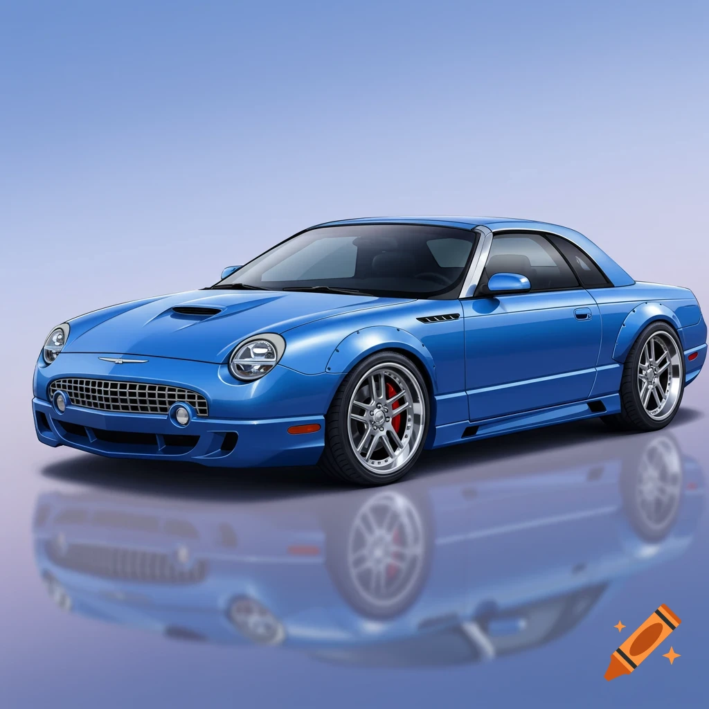 A blue 2003 Ford Thunderbird with a wide body kit and reflection.