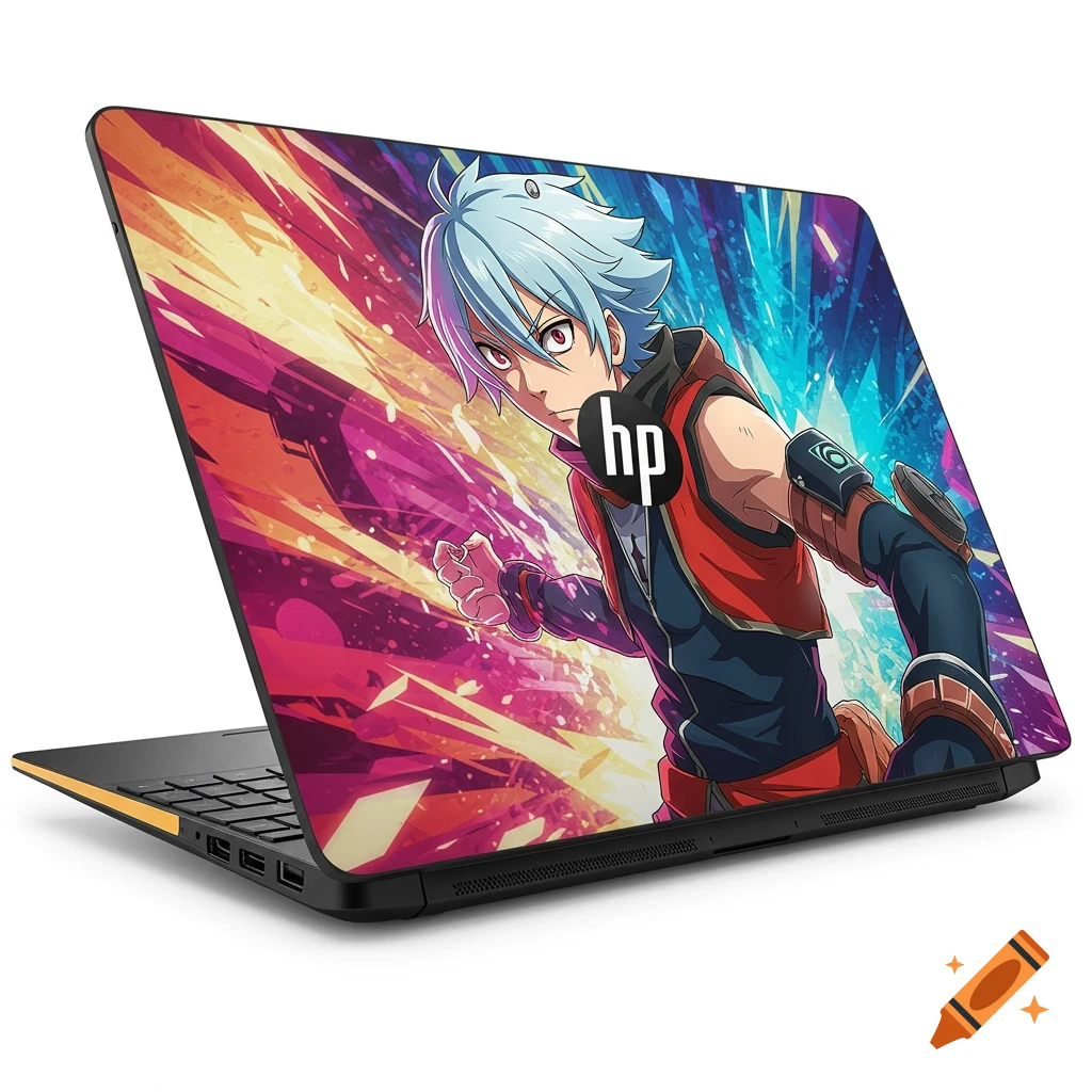 HP laptop with an anime character skin in a dynamic style.