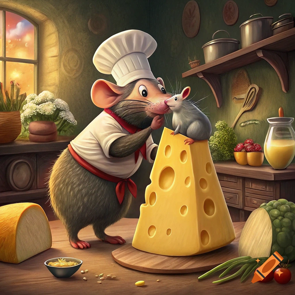 A large mouse in a chef's hat nuzzles a smaller mouse sitting on a giant wedge of swiss cheese in a kitchen.