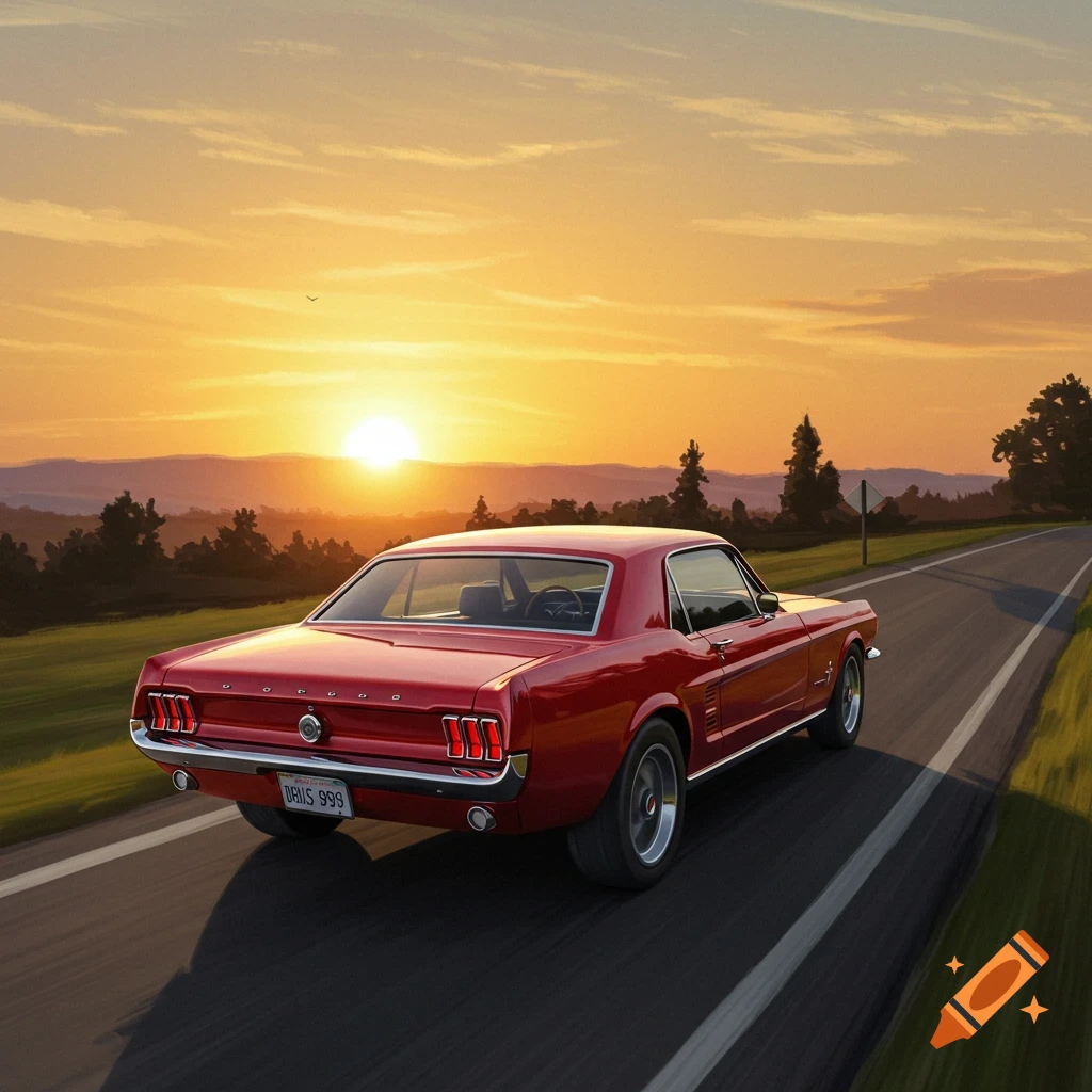 Red classic car driving on a road at sunset.