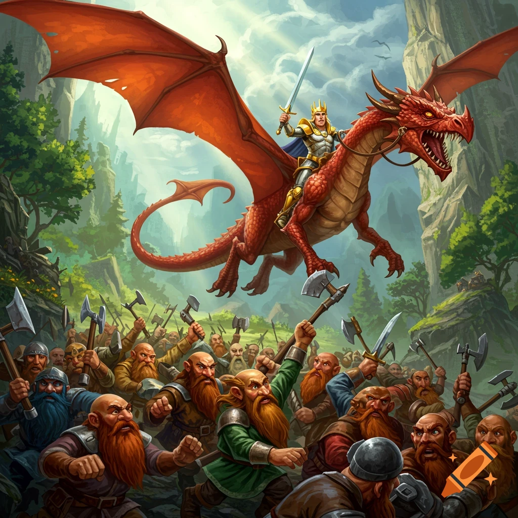 Hero on red dragon flies over dwarves with axes in fantasy landscape.