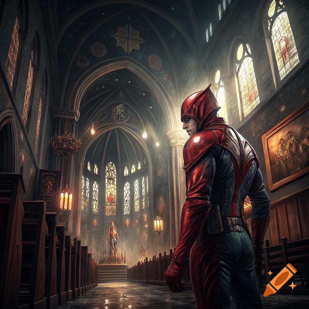 Daredevil stands in a dimly lit church aisle looking towards stained glass windows and the altar.