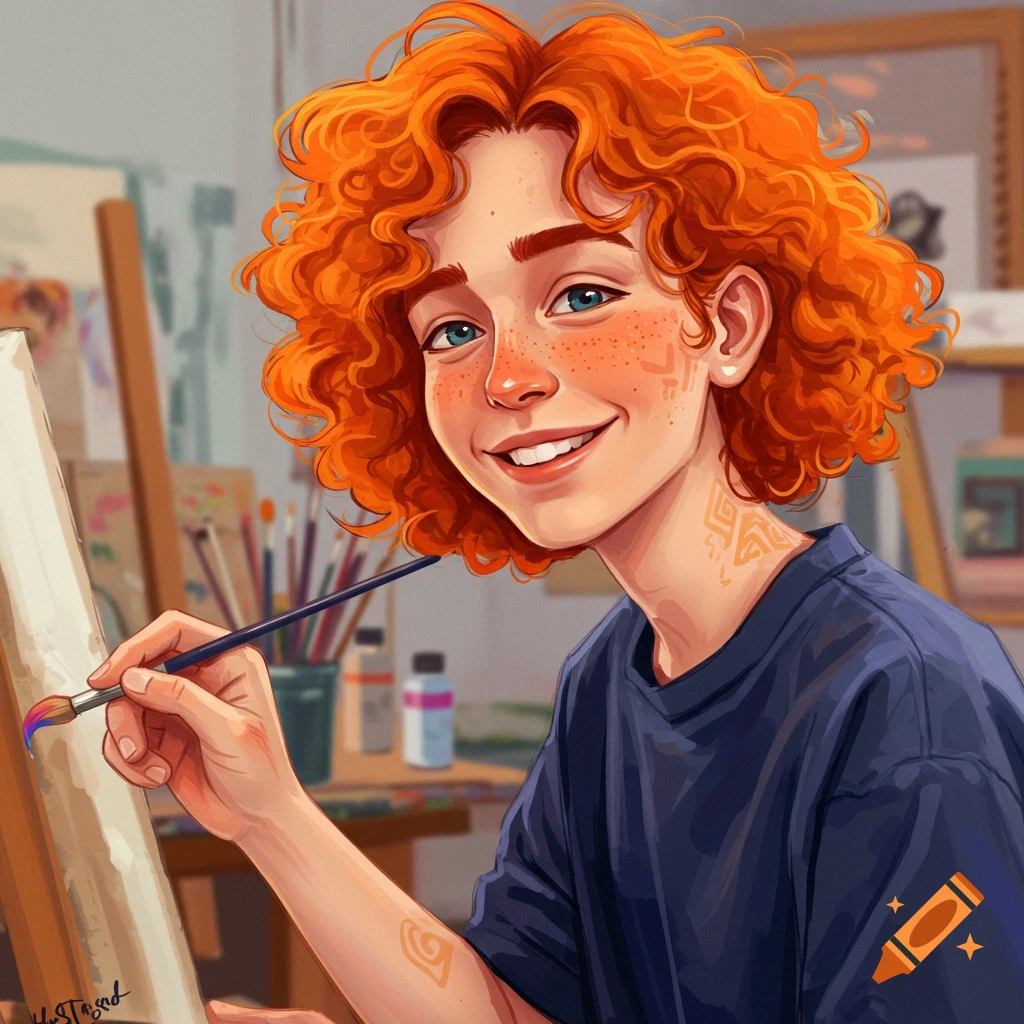 A young artist with curly red hair smiles while painting on a canvas.