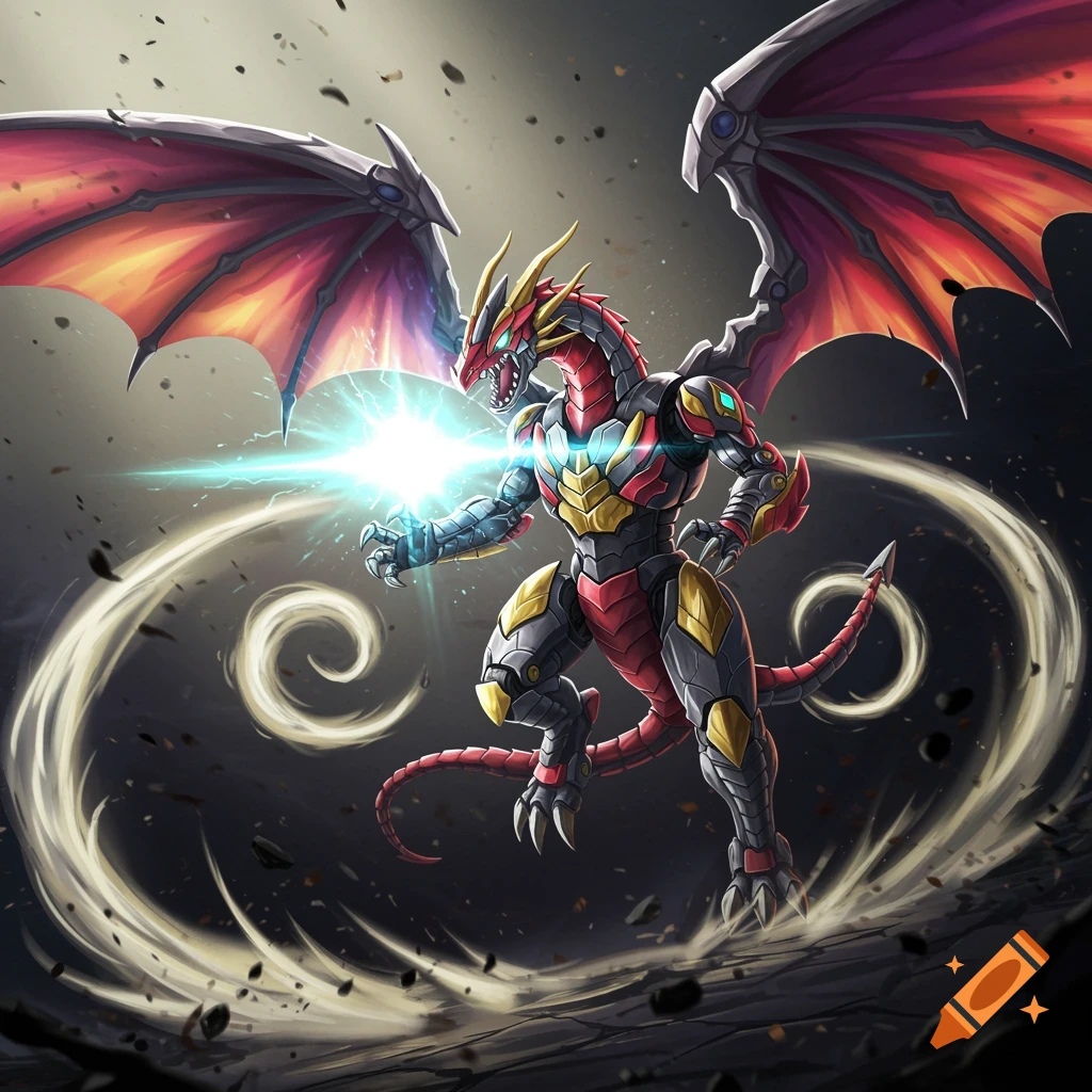 A red and black robotic dragon unleashing energy in an action pose.