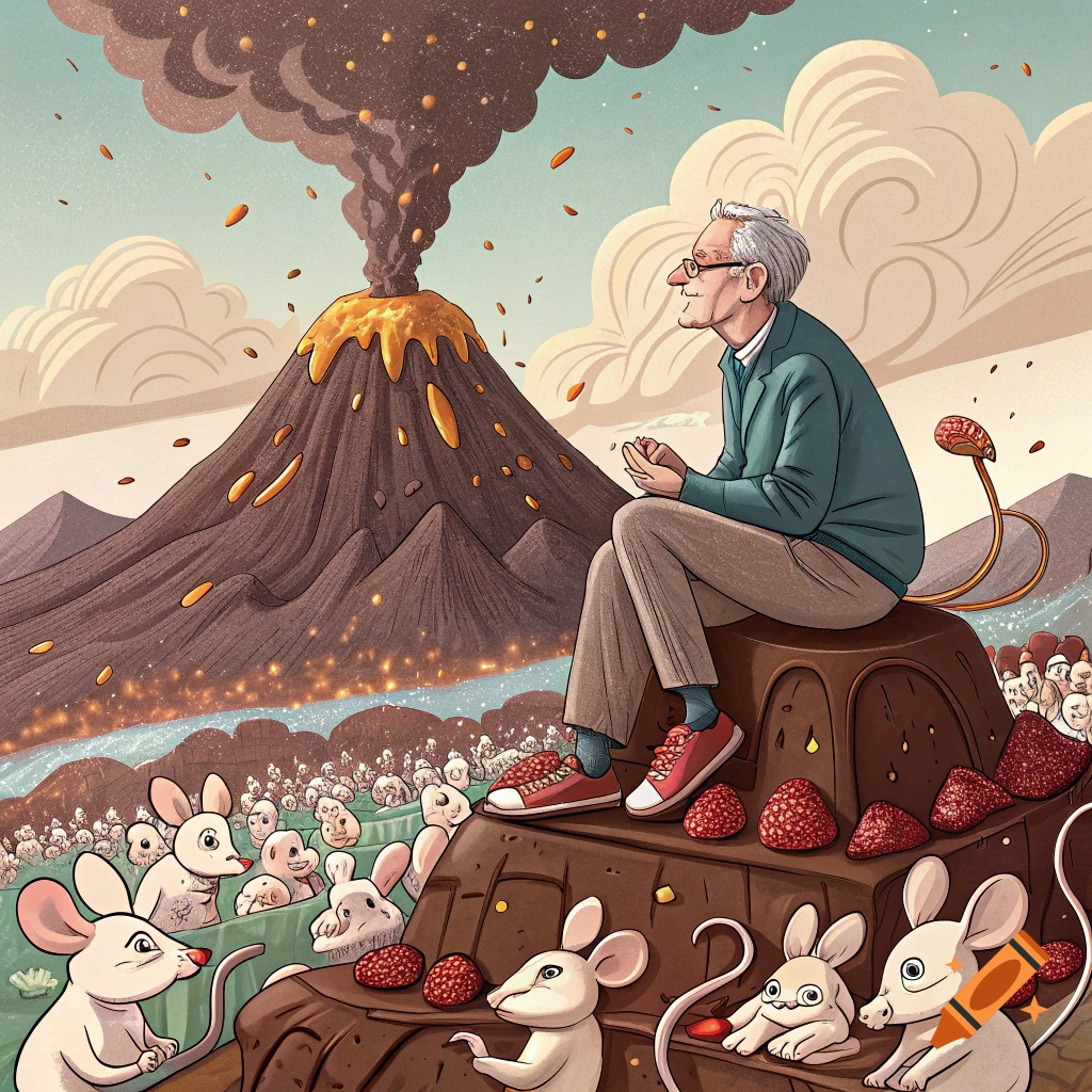 Illustration of an older man sitting on chocolate, watching a chocolate volcano erupt, surrounded by mice and people.