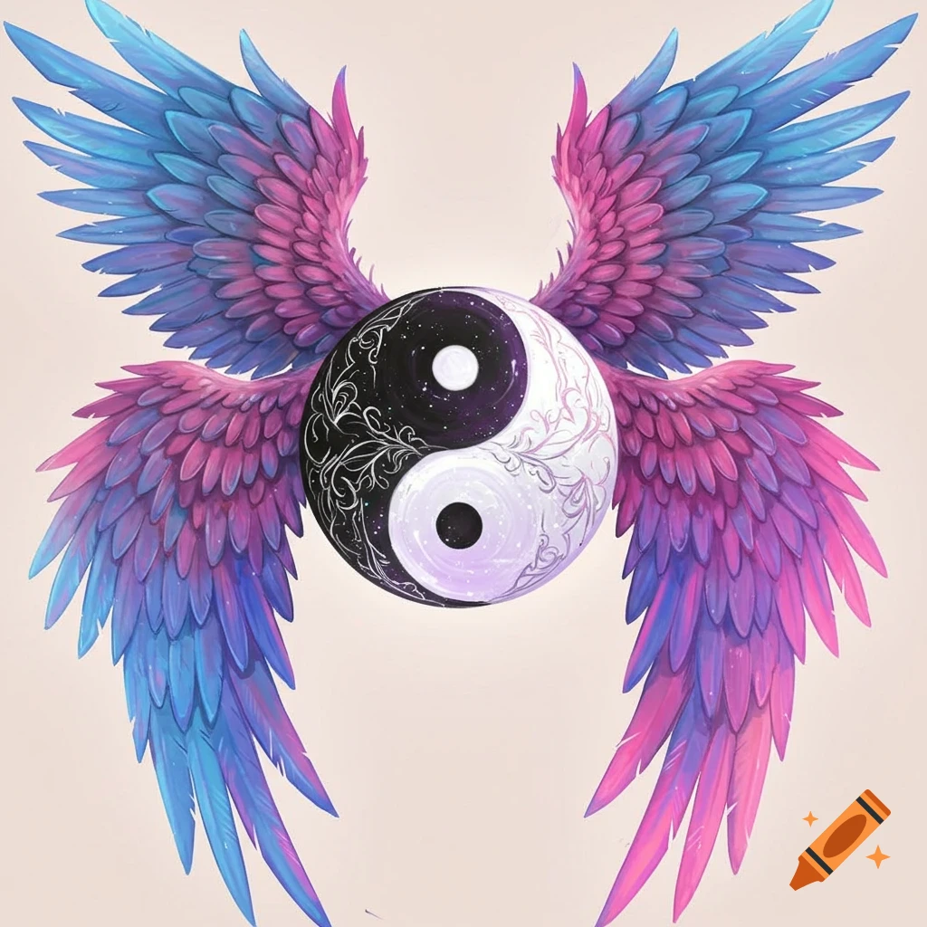 A yin-yang symbol with colorful feathered wings