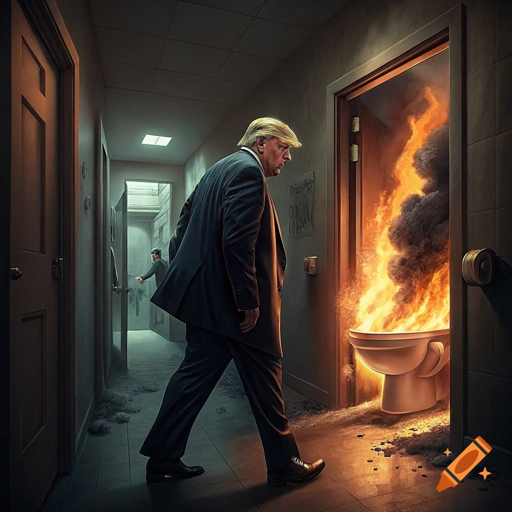 Donald Trump looks at a toilet engulfed in flames in a dark hallway.