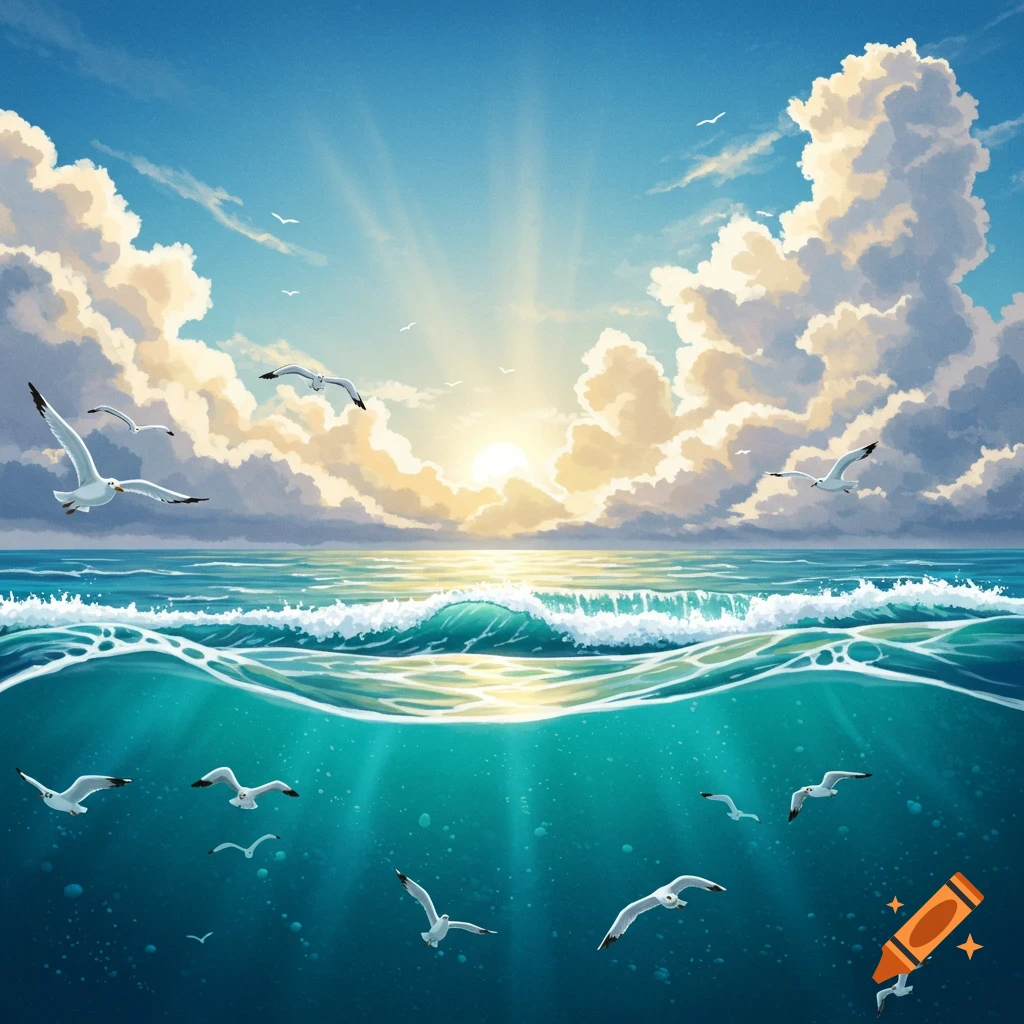 A bright sunrise over the ocean with seagulls flying above and partially submerged underwater.