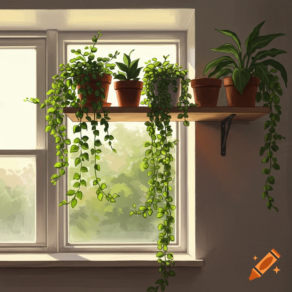 Potted plants on a shelf in front of a sunlit window.