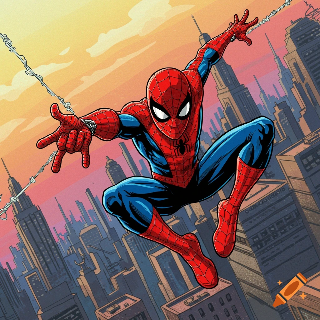 Spider-Man swings through a city skyline at sunset.
