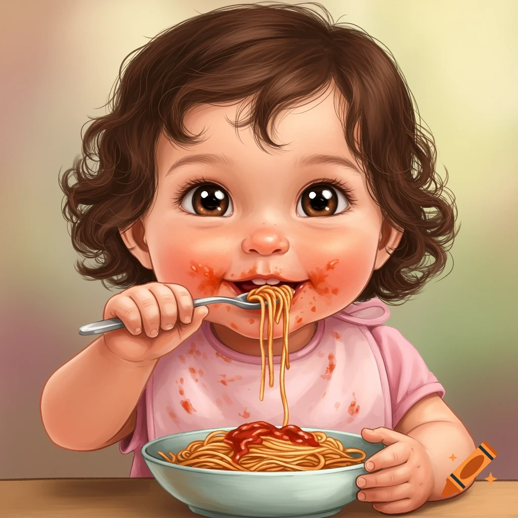 A baby eating spaghetti with sauce smeared on her face.