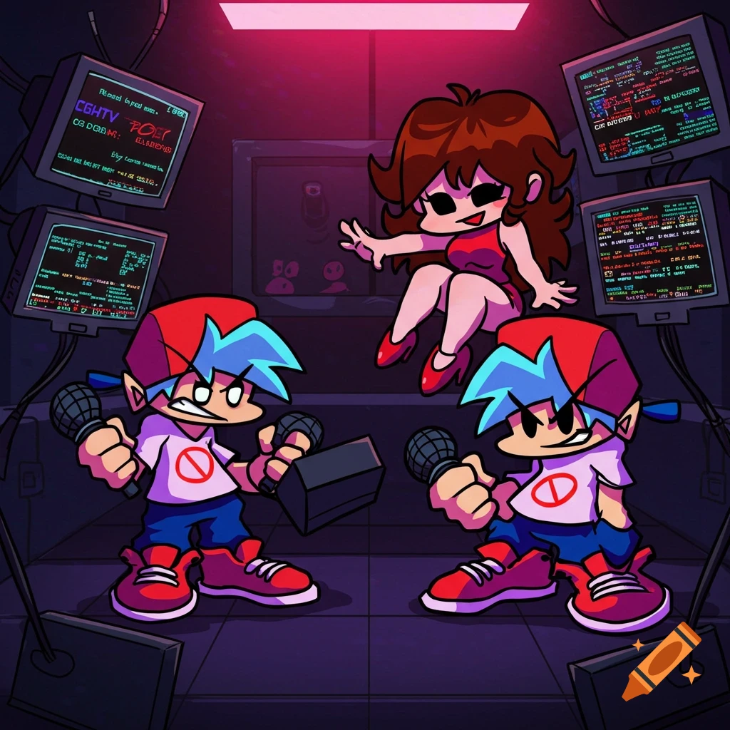 Friday Night Funkin characters Boyfriend and Girlfriend in a CCTV room with screens, digital art style.