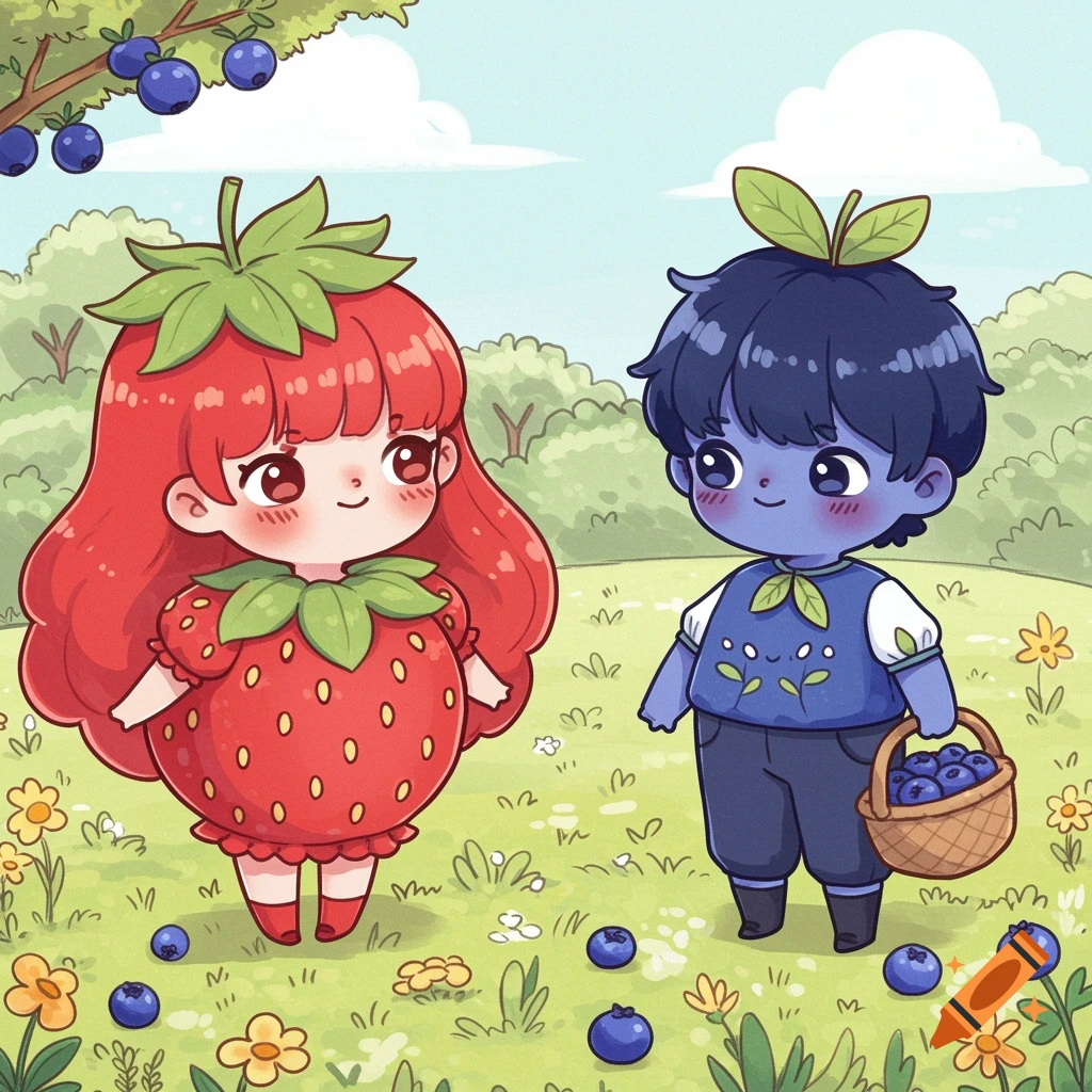 Cute illustration of a strawberry girl and a blueberry boy holding a basket in a meadow.