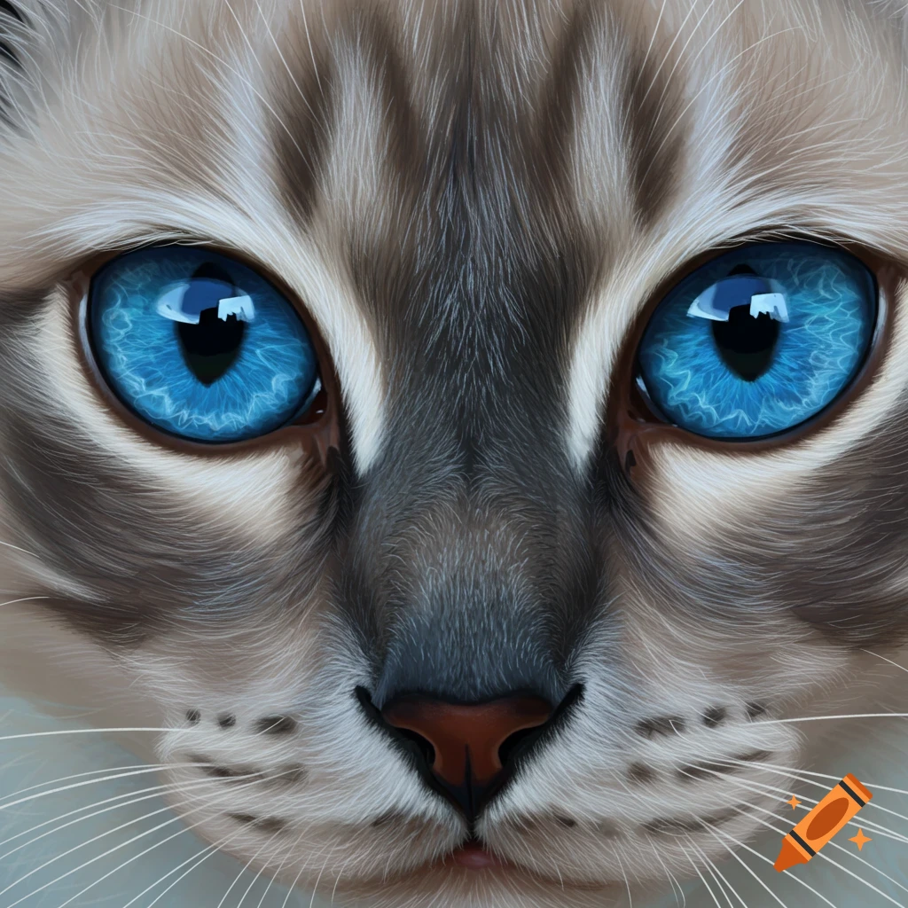 Close-up of a cat's face with bright blue eyes.