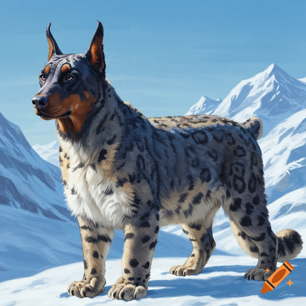 A snow leopard-doberman hybrid stands in a snowy mountain landscape.