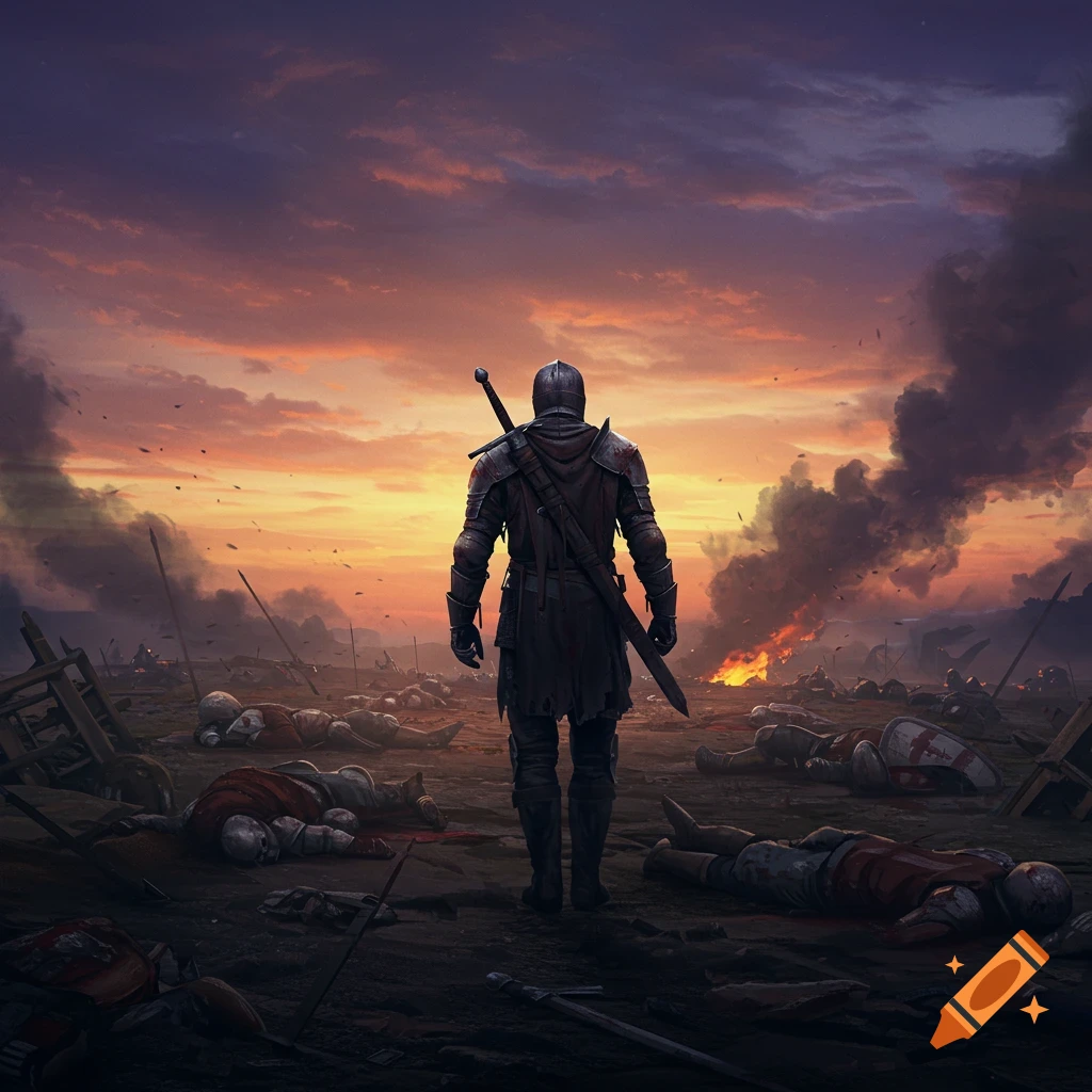 A knight stands among fallen soldiers on a battlefield at sunset.