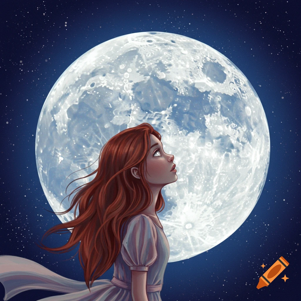 A girl looks up at a large moon in a starry night sky.