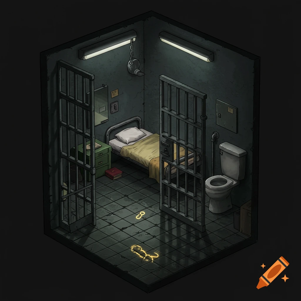 Isometric image of a dark prison cell with a bed, toilet, and a glowing clue on the floor.