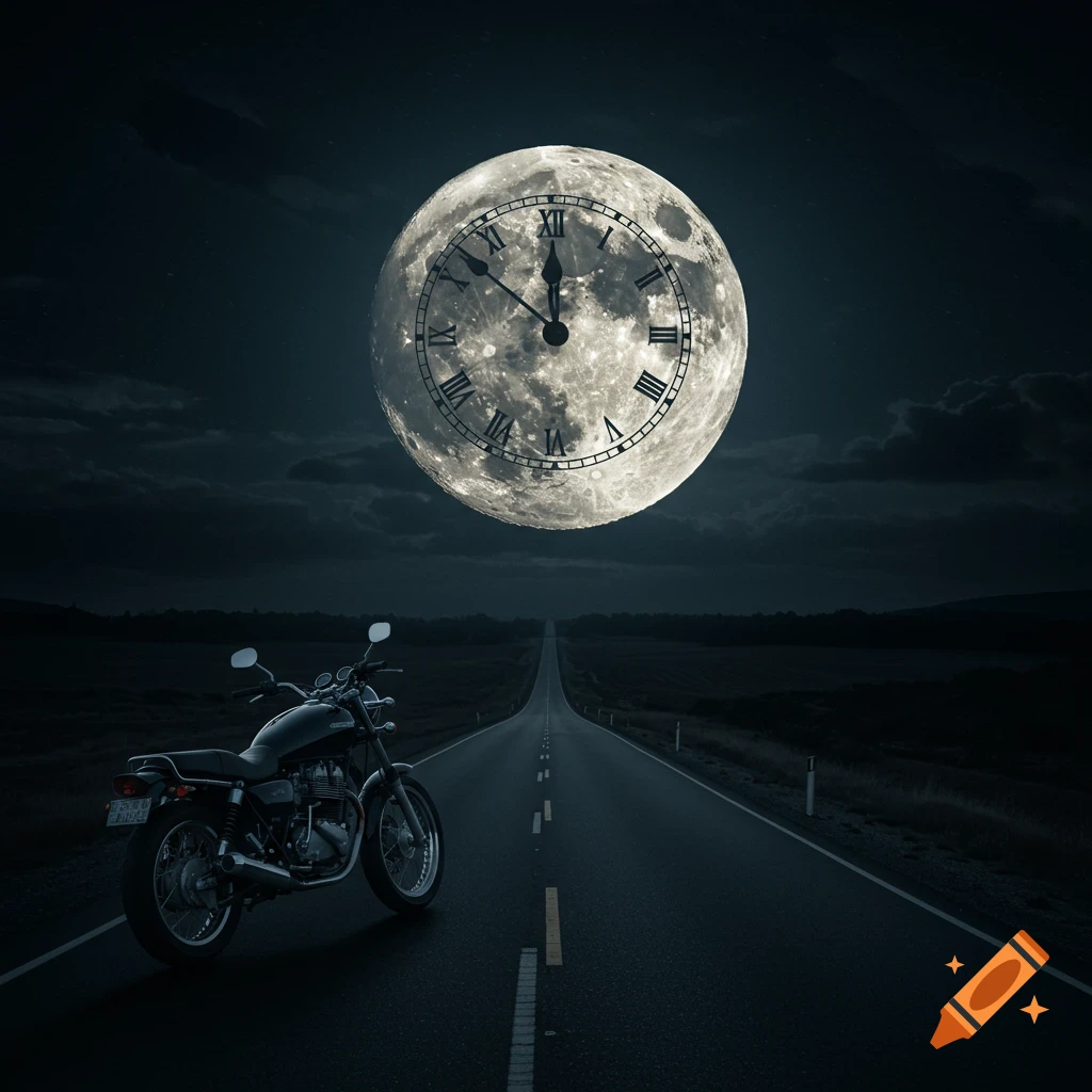 A motorcycle is on a long road at night under a full moon. A clock face shows midnight.