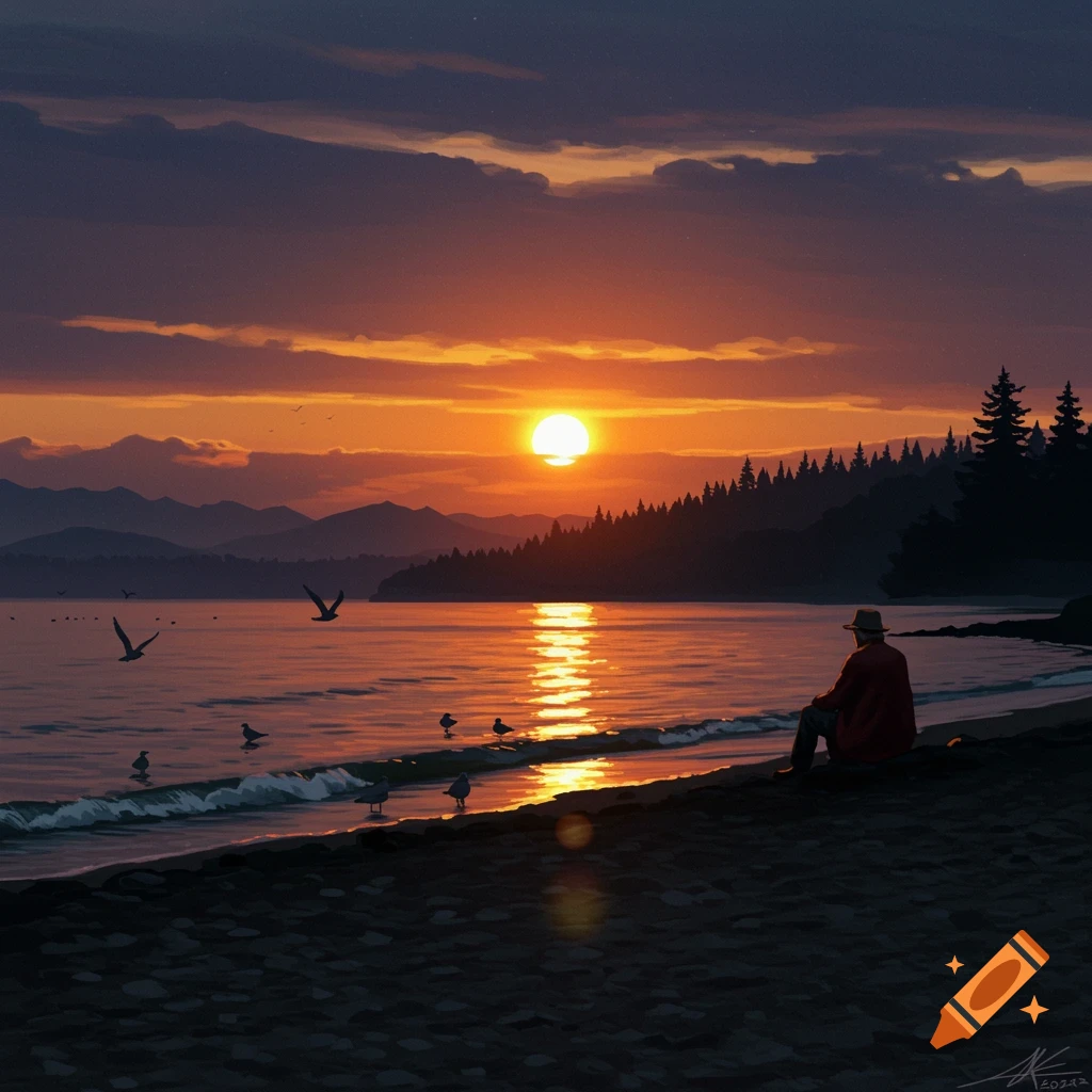 A person is sitting on a beach watching the sunset over water with mountains and trees in the distance, and birds flying.