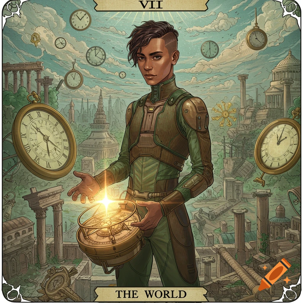 A person in steampunk attire holds a time device, surrounded by floating clocks and ruins in a tarot card illustration (The World, VII).