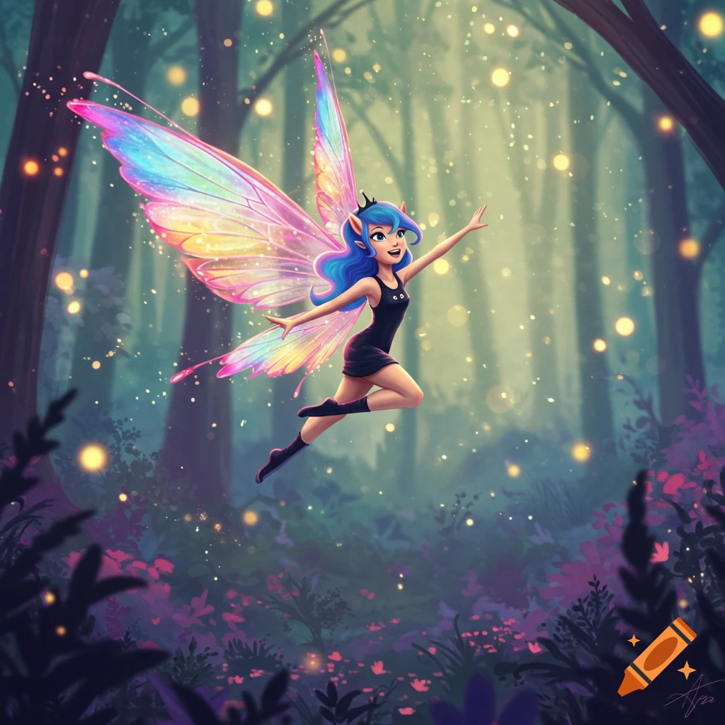 A stylized fairy with rainbow wings flies through a glowing forest.