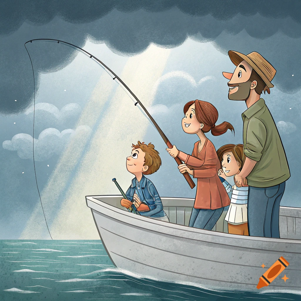 An illustration of a family fishing from a boat.