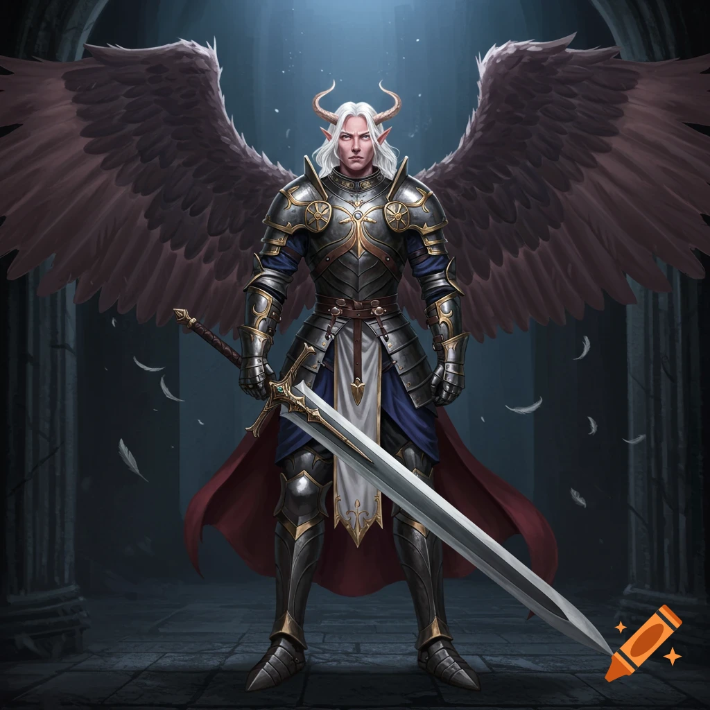 Fantasy character in full armor with large wings and a great sword
