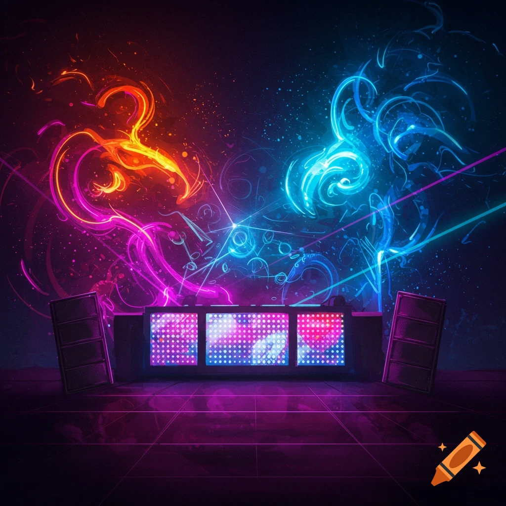 Neon lights swirl over a DJ setup with speakers and screens in a dark nightclub.
