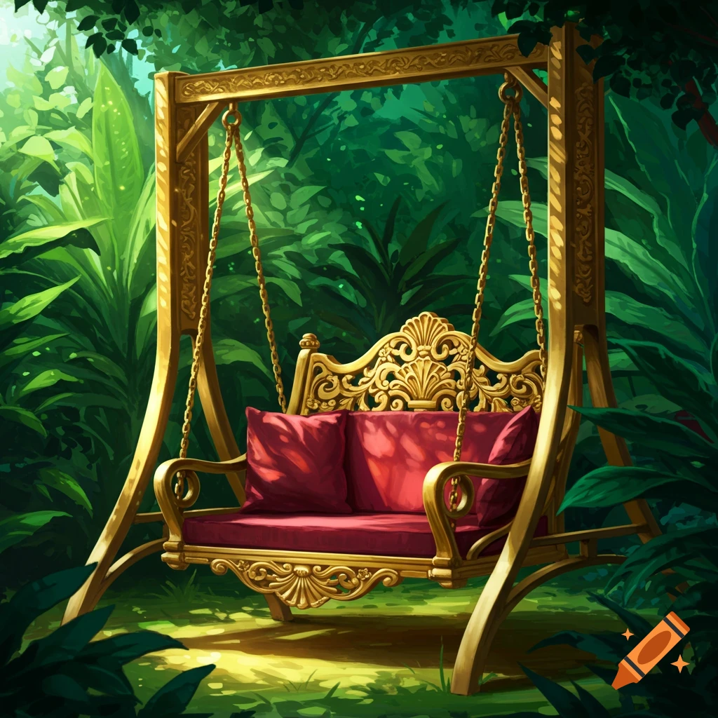A golden swing with ornate details and red cushions hangs in a lush green garden.