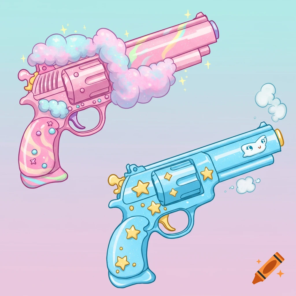 Two cartoonish, pastel-colored revolvers with clouds, stars, and candy details.