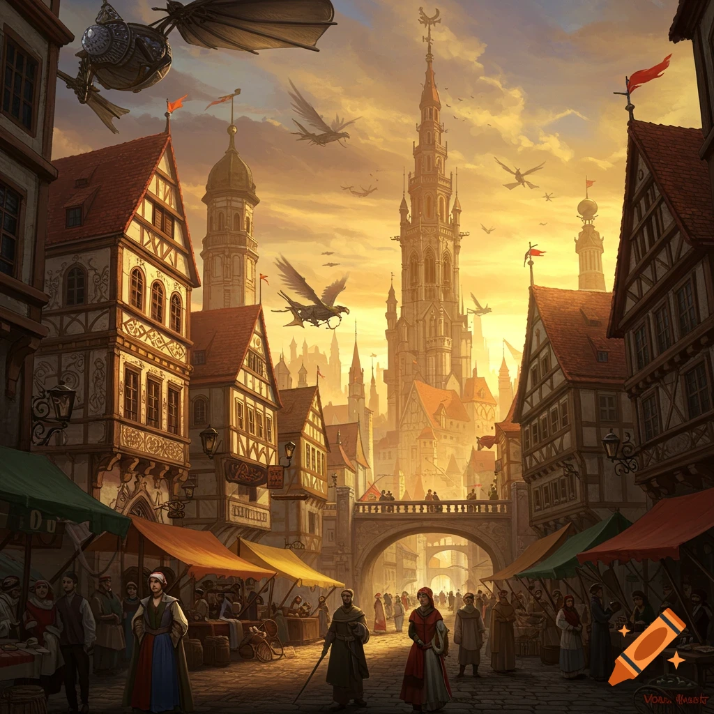 A bustling market street in a fantasy German Renaissance city with tall buildings and flying airships at sunset.