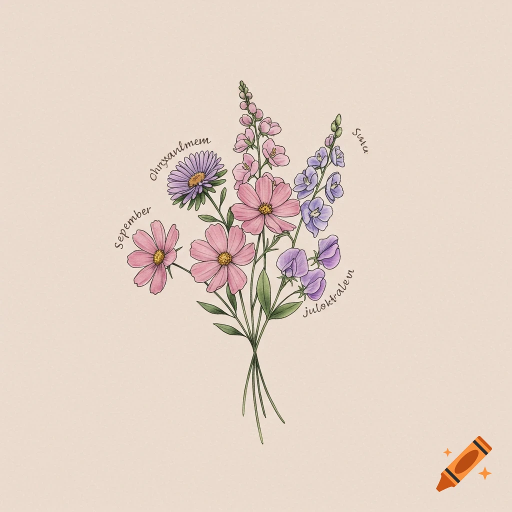Digital illustration of a bouquet of pink and purple flowers with handwritten text around them on a light background.