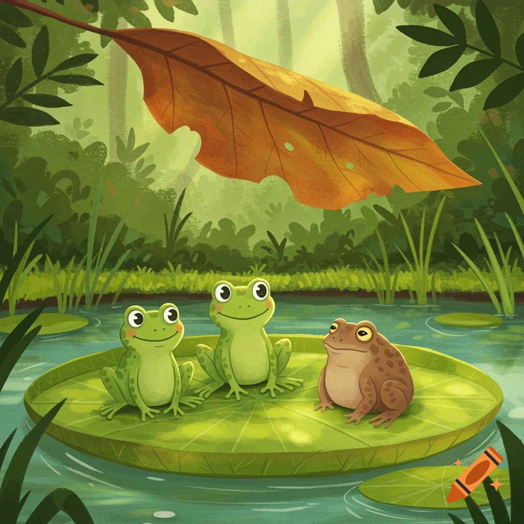 Whimsical illustration of two green frogs and a brown toad on a lily pad in a forest pond.