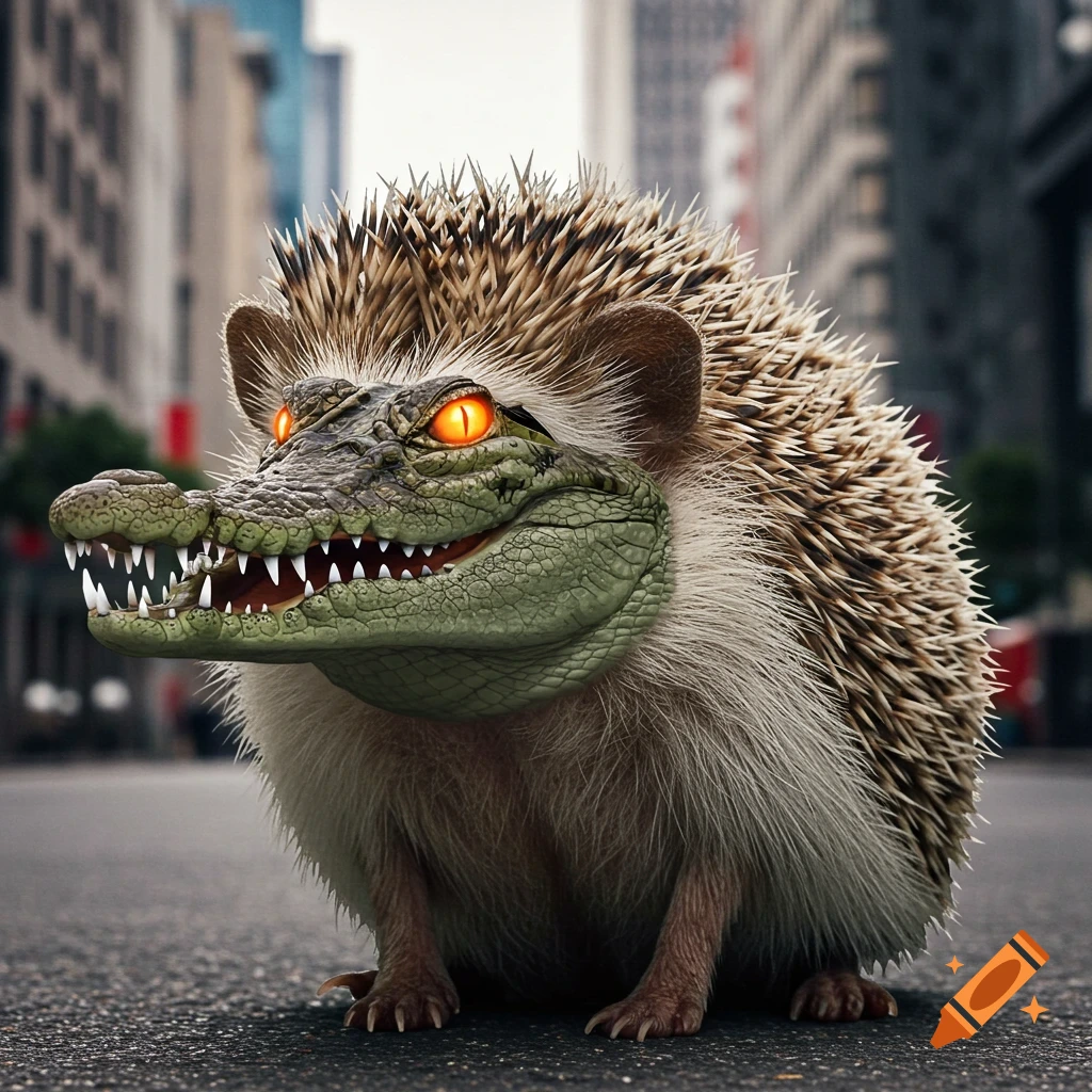 A realistic image of a hedgehog with a crocodile head, glowing orange eyes, and a smile, sitting on a city street.