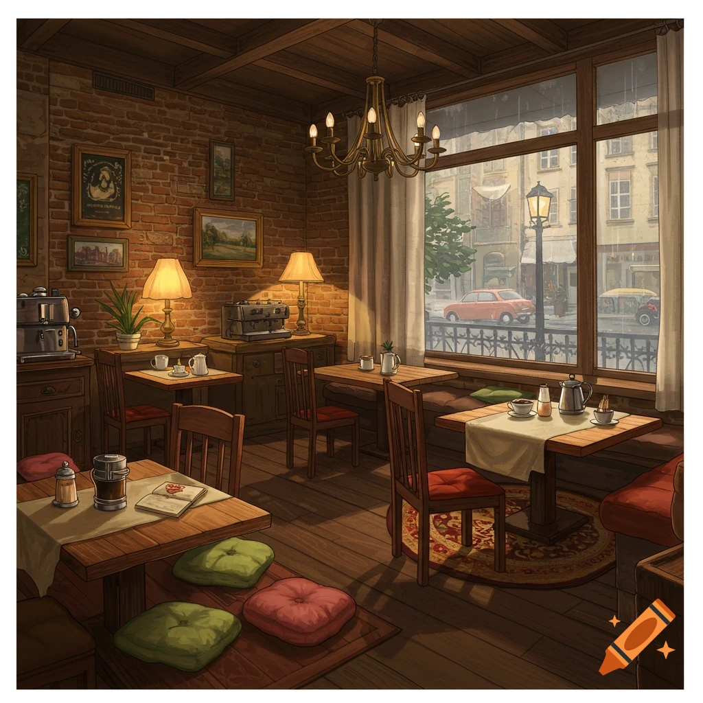 A cozy cafe interior with large windows overlooking a rainy street.